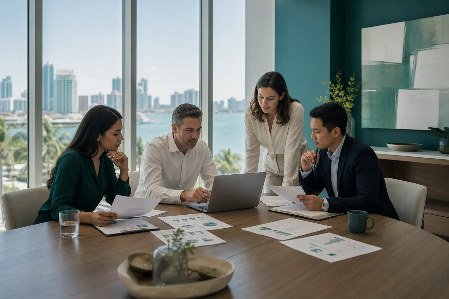 Finance and accounting team reviewing reports and operating results in a Miami office
