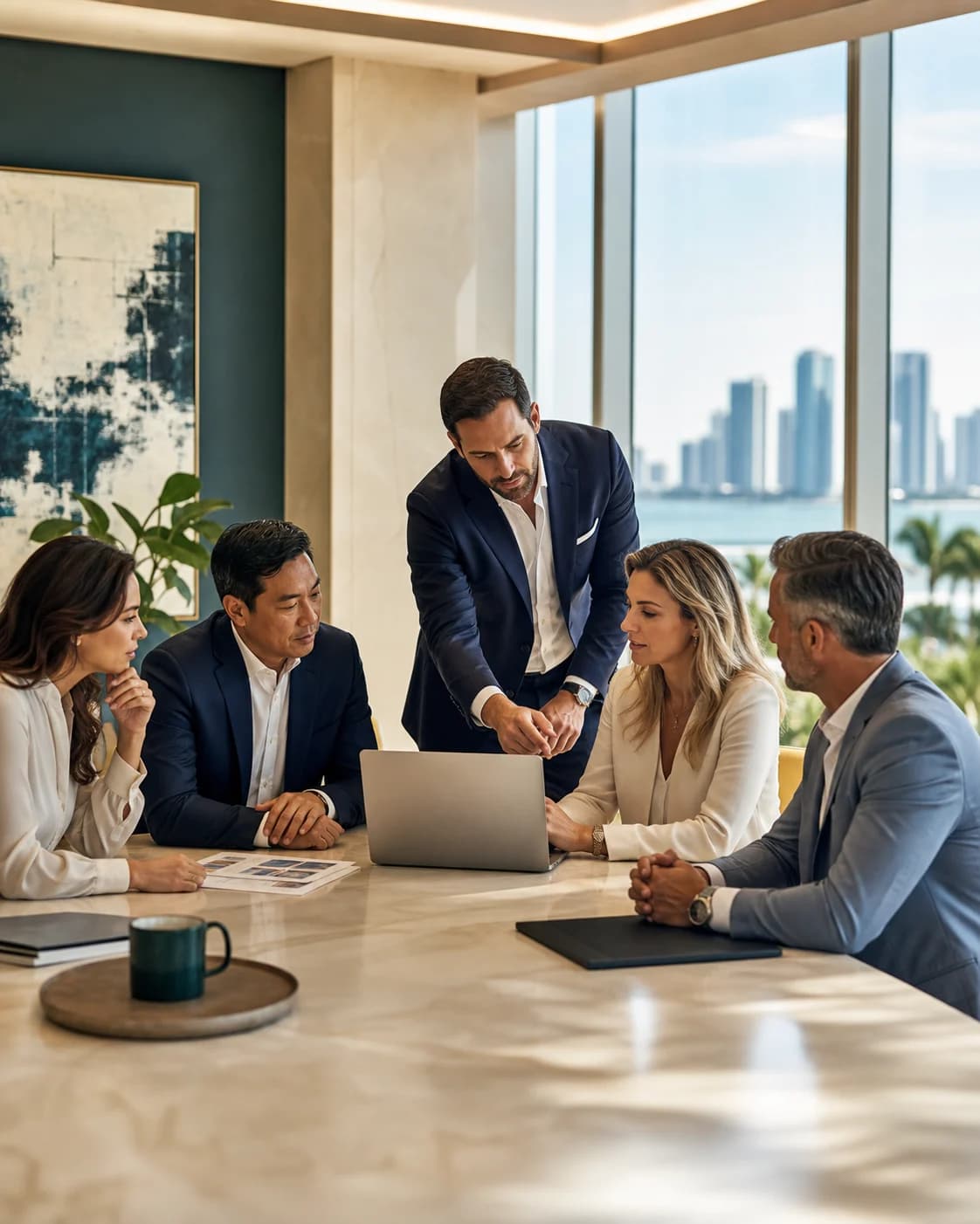 Business owners and financial advisors collaborating in a modern Miami office