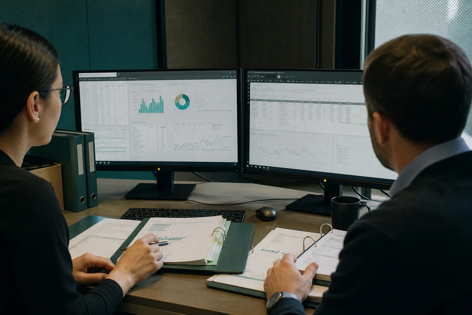 Due diligence analysts reviewing financial data across secure screens and organized documents