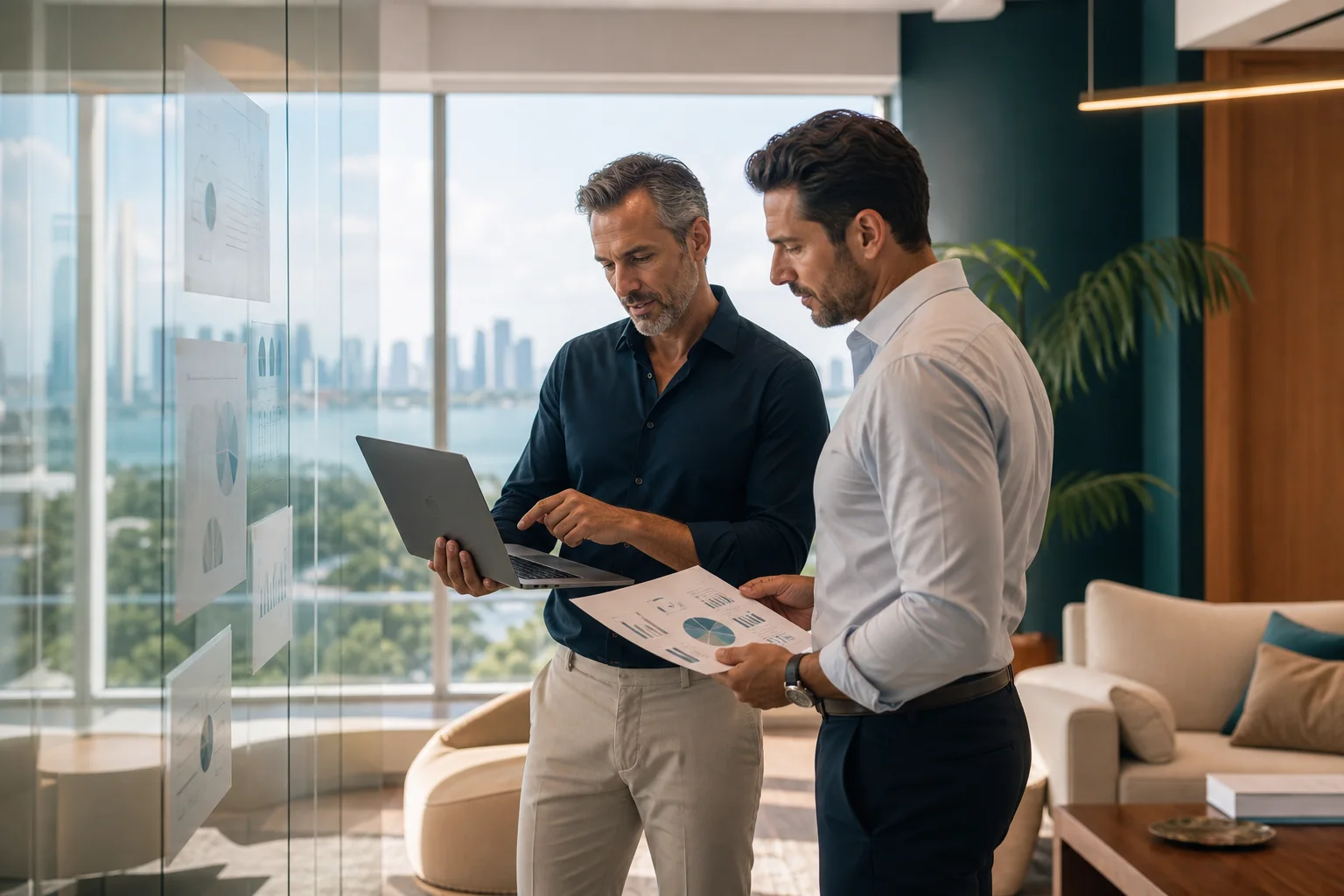 An advisor and business owner reviewing an integrated financial plan in a Miami office