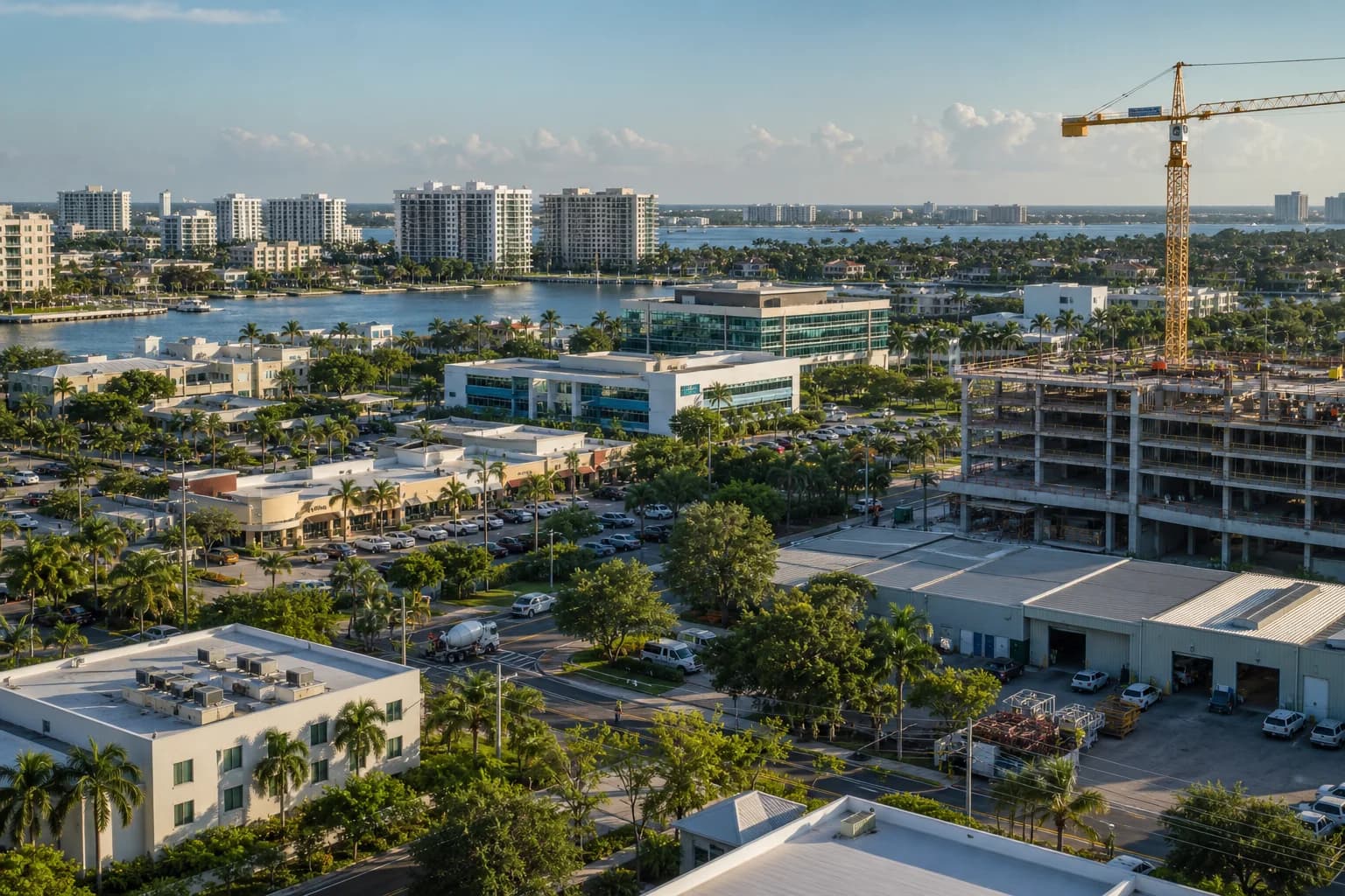 A South Florida business district combining construction, offices, professional services, retail, and industrial operations