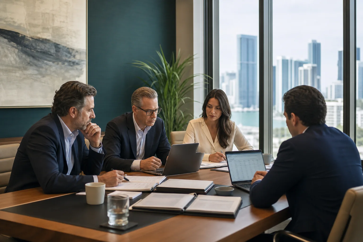 Senior advisors reviewing transaction documents and financial models in a Miami boardroom