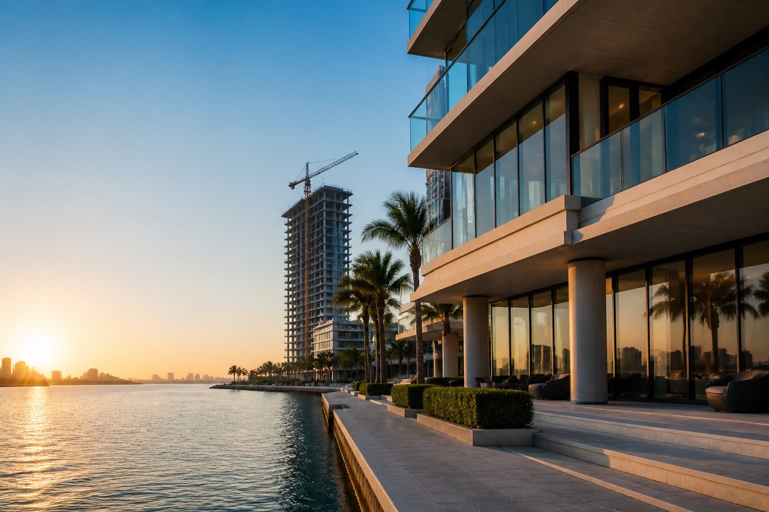 Contemporary waterfront development under construction in Miami at sunrise