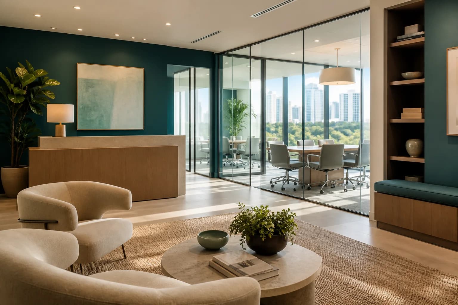 Contemporary professional office in Miami with a welcoming reception and meeting room