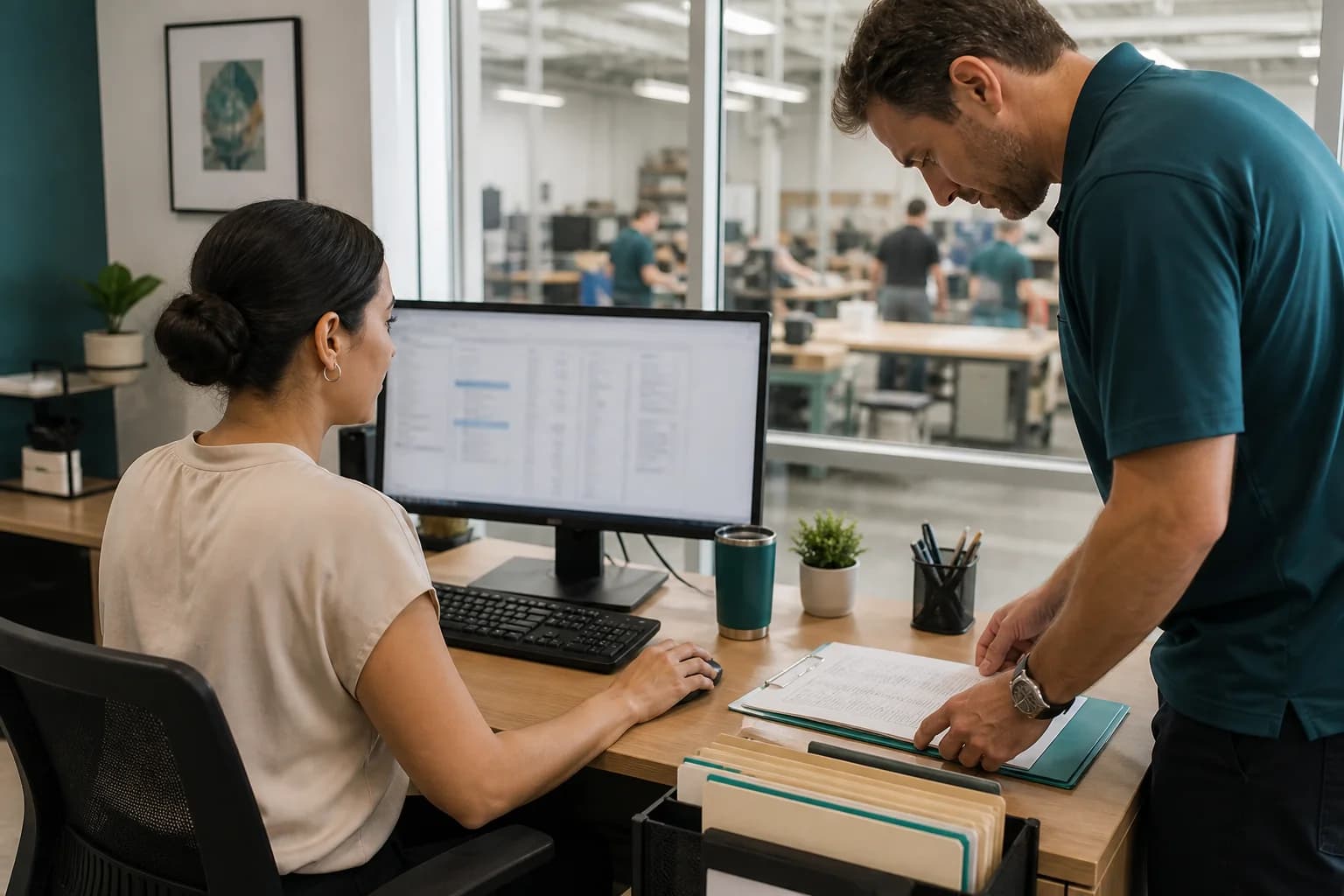 A payroll specialist and operations manager verifying employee time records