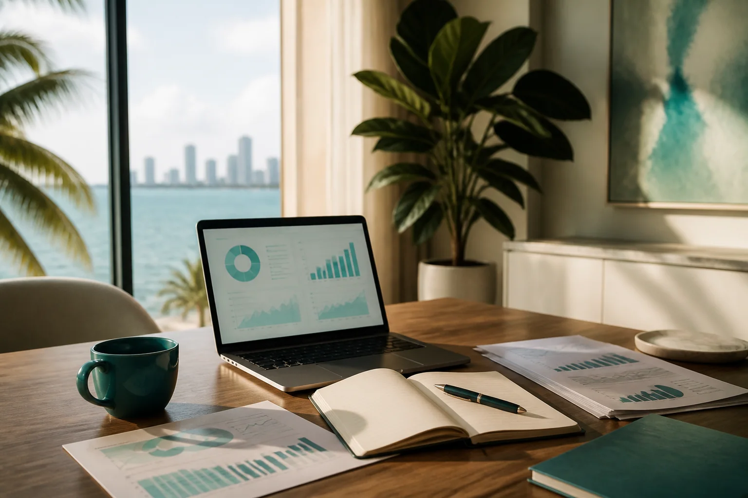 Financial research desk with reports, notebook, and analytical dashboards
