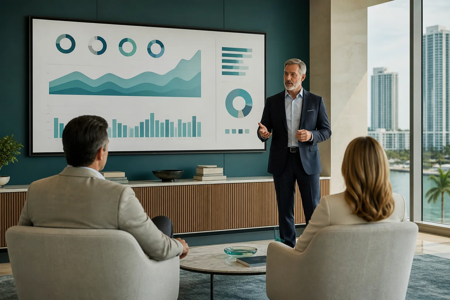 A financial advisor presenting an integrated business roadmap to clients in Miami
