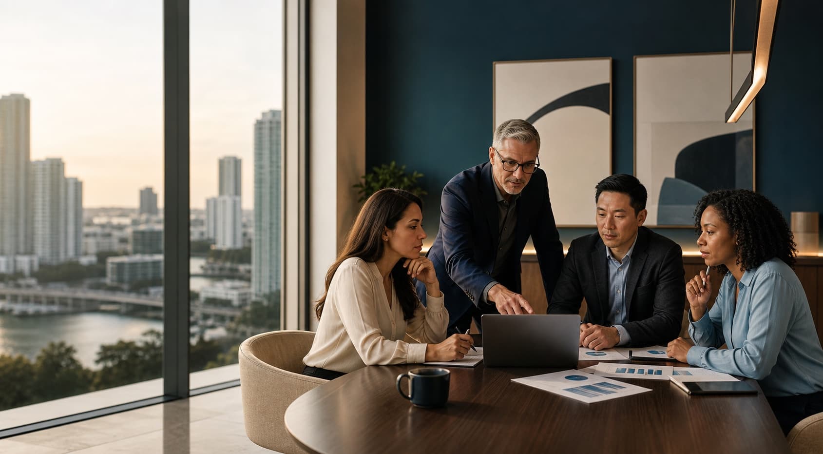 Founders and a financial advisor reviewing growth strategy in a Miami office