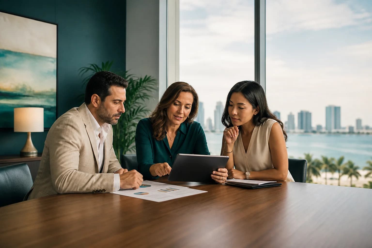 International business owners reviewing cross-border tax strategy with an advisor in Miami